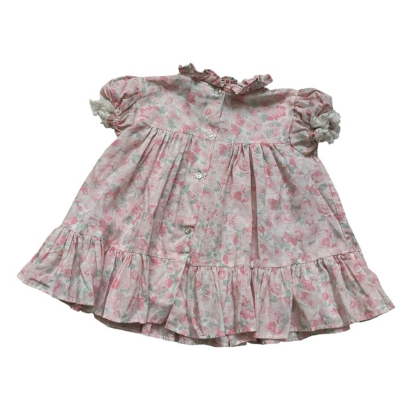 Vintage Bryan Pastel Pink Floral Baby Girl Dress Short Sleeve Ruffle 18M USA - Picture 3 of 5